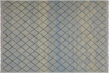 Flat Weave Kilim, Antique, Navaho, Vintage, Handmade, Modern Kilim Lt. Blue Black Hand-Woven Rectangle 100% Wool Area Rug 8 x 10